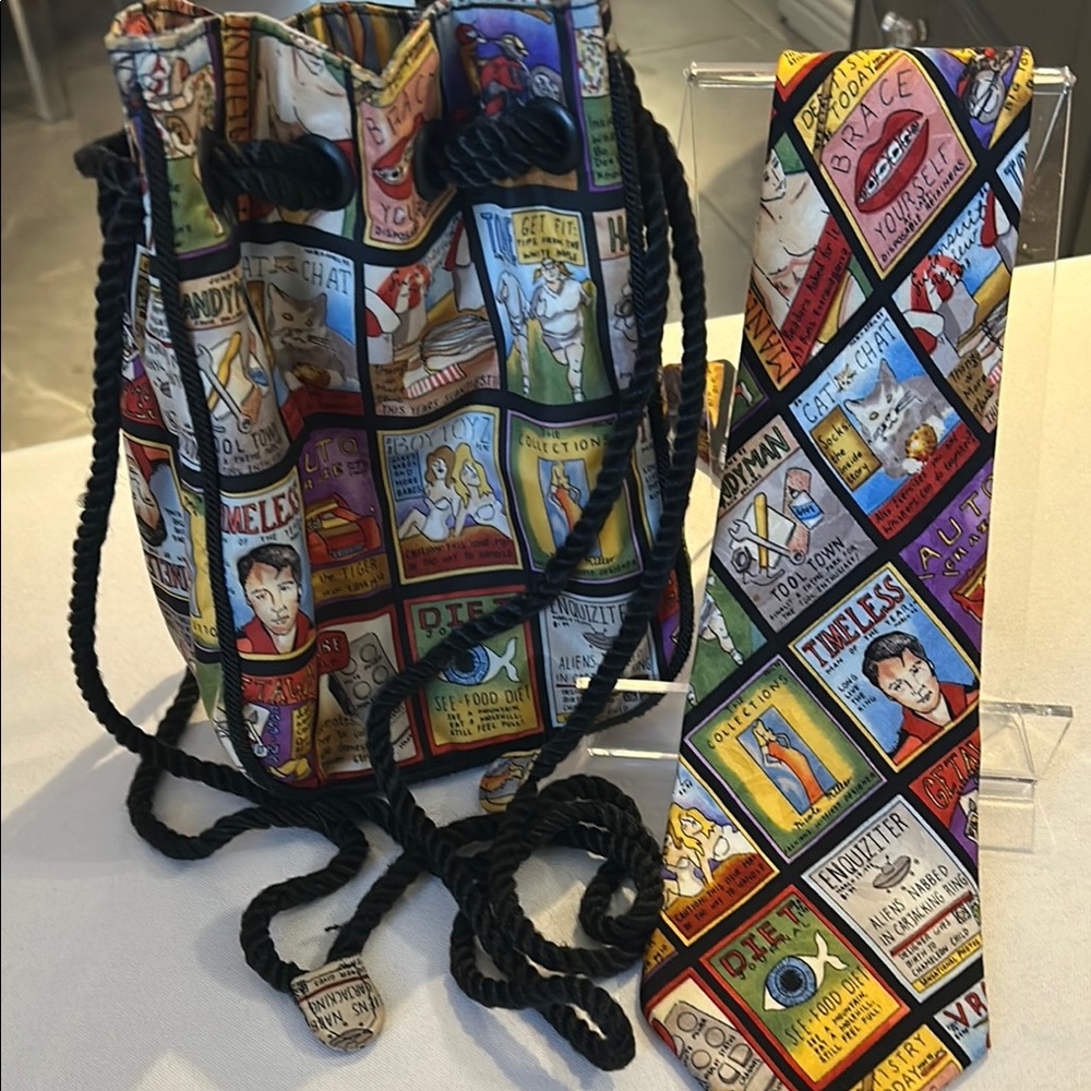 Nicole Miller SET 1993 Pop Art Magazine Posters Graphic Bag and Tie Set EUC